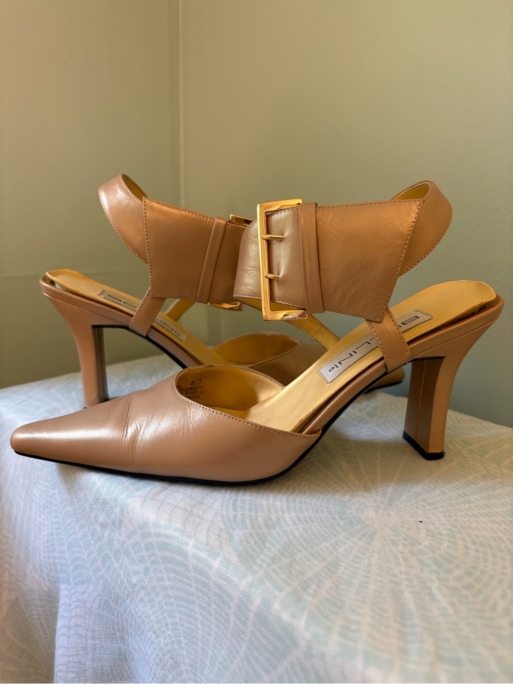 Bellini Pearlized Gold Pointed Toe Slingback Pumps with Buckle Strap